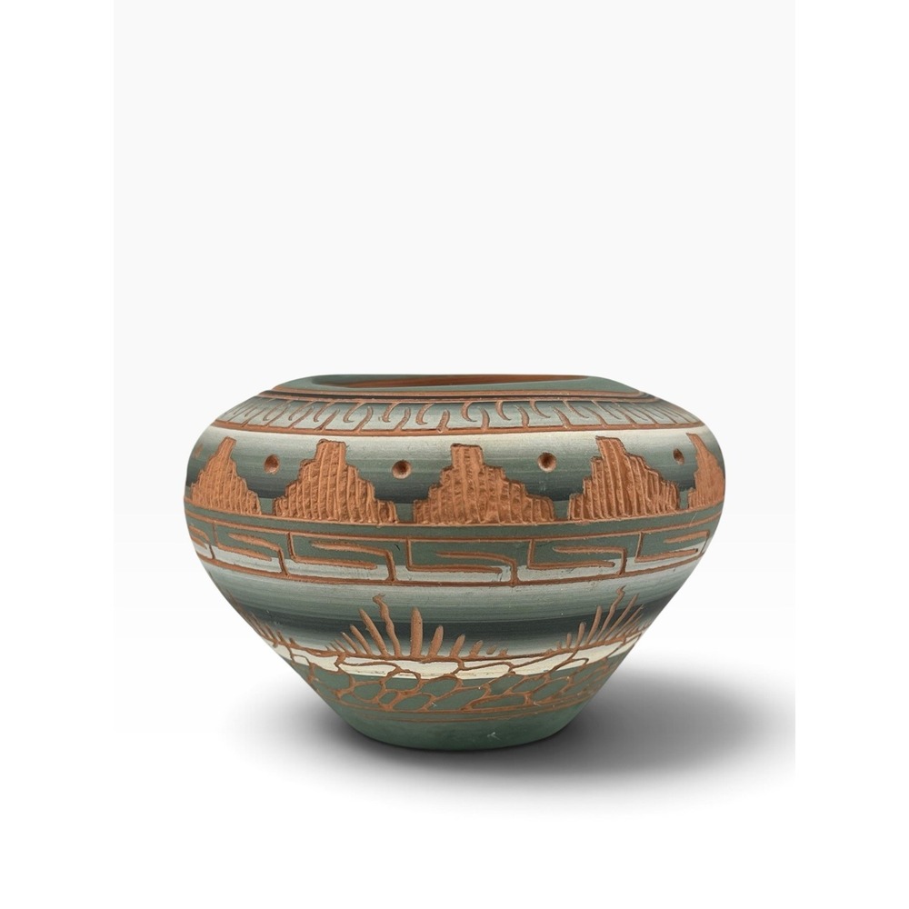 Navajo Etched Pottery Vase Seed‎ Pot Green White Grass Plateau Nature Signed MG